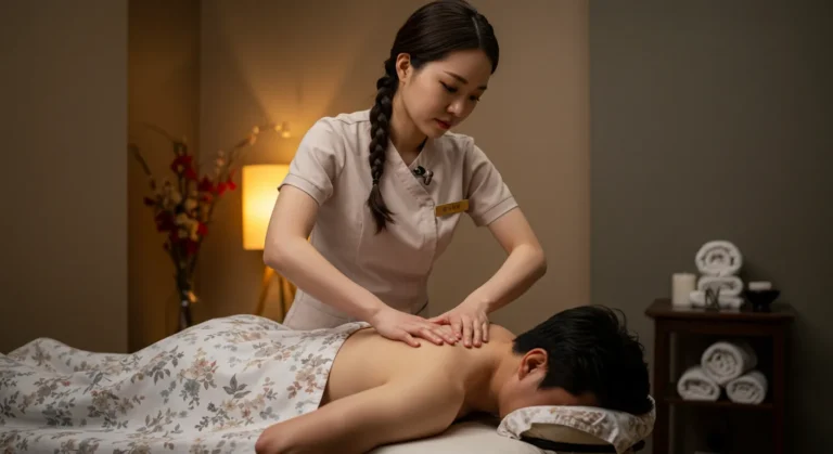 송산 타이마사지를 하고 있는 한국 마사지 관리사가 여행자 맞춤 발마사지 집중케어하는 장면