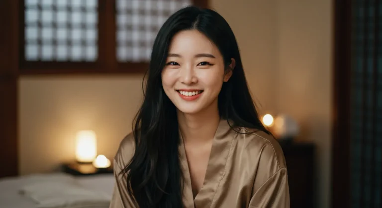 송산동 홈타이 이용 후 만족하는 한국 여성이 펜션 테라스에서 여유롭게 쉬는 모습