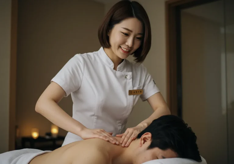 송산동 타이마사지를 하고 있는 한국 마사지 관리사가 핫스톤으로 등근육 이완시키는 장면