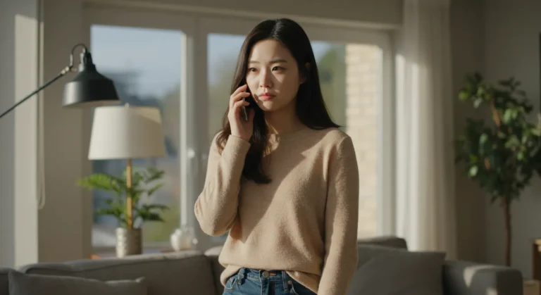 송산동 출장마사지를 전화로 예약하는 한국 사람이 펜션에서 가족과 함께 상의하는 모습