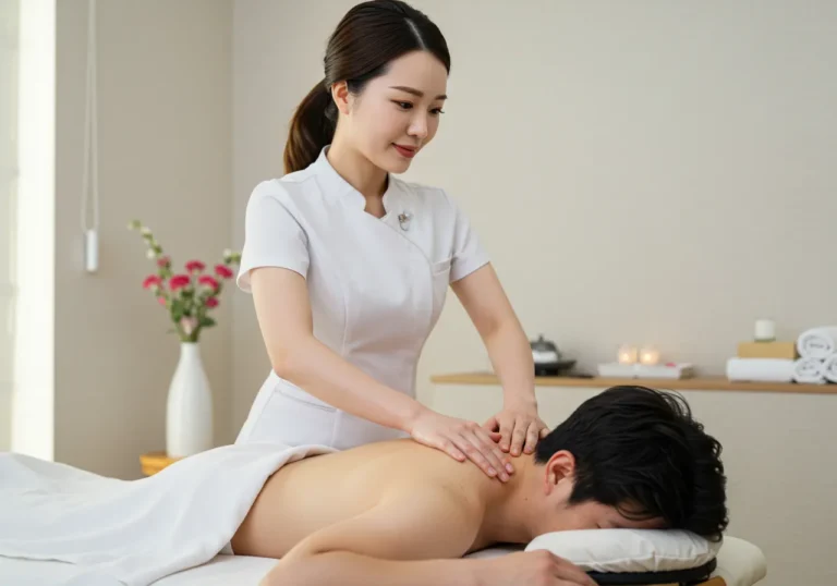 수청동 타이마사지를 하고 있는 한국 마사지 관리사가 연령별 맞춤관리 시술하는 장면