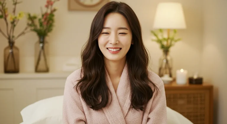 양감 홈타이 이용 후 만족하는 한국 여성이 물류창고에서 활기차게 일하는 모습