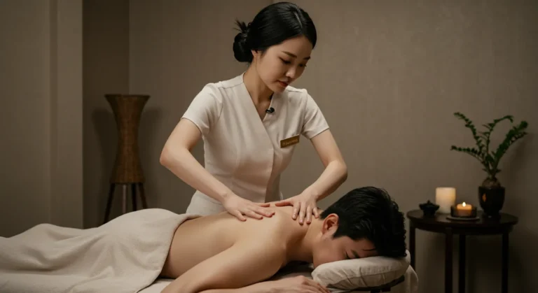 양감 타이마사지를 하고 있는 한국 마사지 관리사가 직업병 예방 스트레칭 지도하는 장면