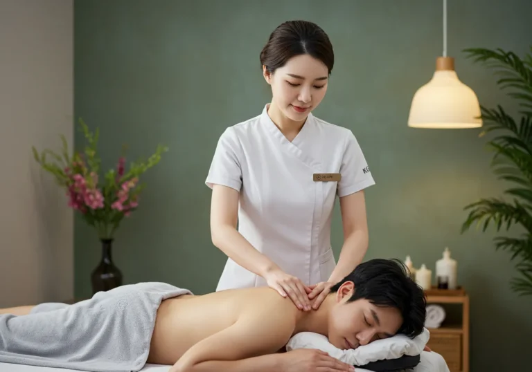 양벌동 출장안마 농촌지역 전문 한국 여성 관리사가 농업종사자 특성에 맞는 마사지를 시연하는 전문적 장면