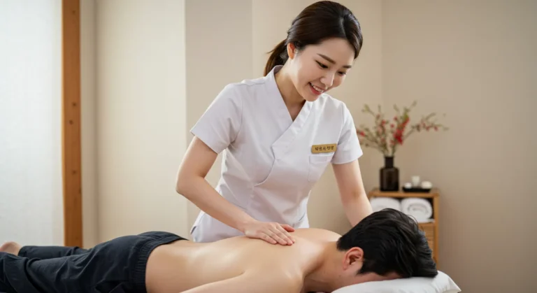 여주 홈타이 전문 한국 관리사가 관광객 맞춤 마사지를 정성껏 시행하는 장면