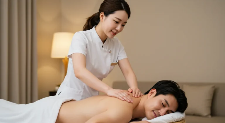 영천동 타이마사지를 하고 있는 한국 마사지 관리사가 부항과 괄사로 독소배출 시술하는 장면
