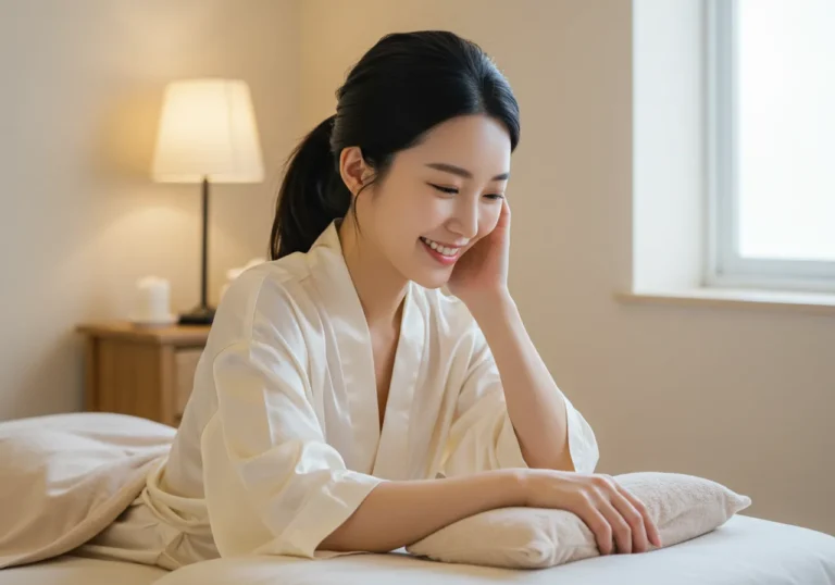 오목천동 홈타이 모찌바디 서비스 이용 후 만족하는 한국 여성의 밝은 표정으로 병점역 젊은층 거주민들의 높은 서비스 만족도를 보여주는 후기 이미지
