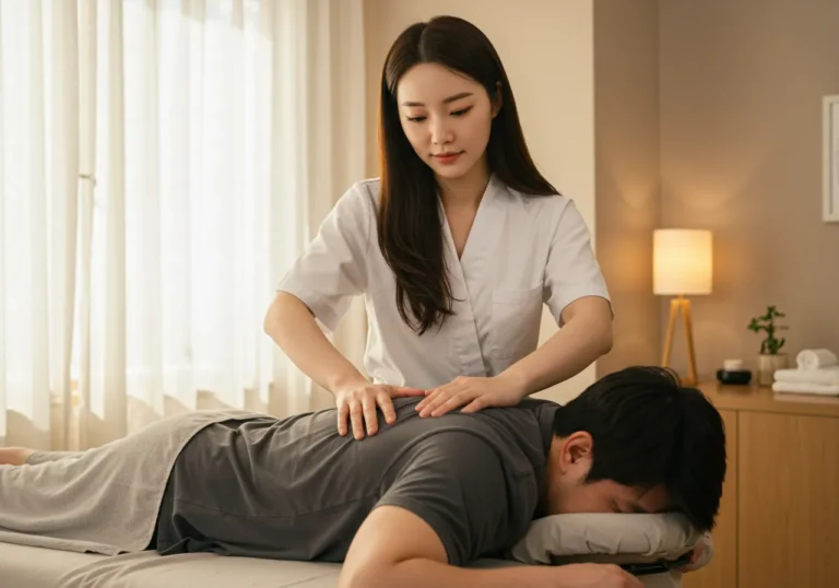 오목천동 출장안마 모찌바디 전문 한국 마사지 관리사가 정확한 경혈 자극 기법으로 케어하는 모습으로 병점역 일대 직장인 고객들을 위한 전문적인 홈케어 서비스 장면
