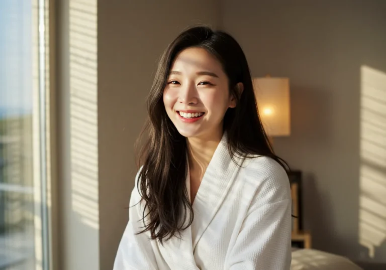오산 홈타이 이용 후 만족하는 한국 여성이 온라인으로 별점5개 리뷰작성하는 모습