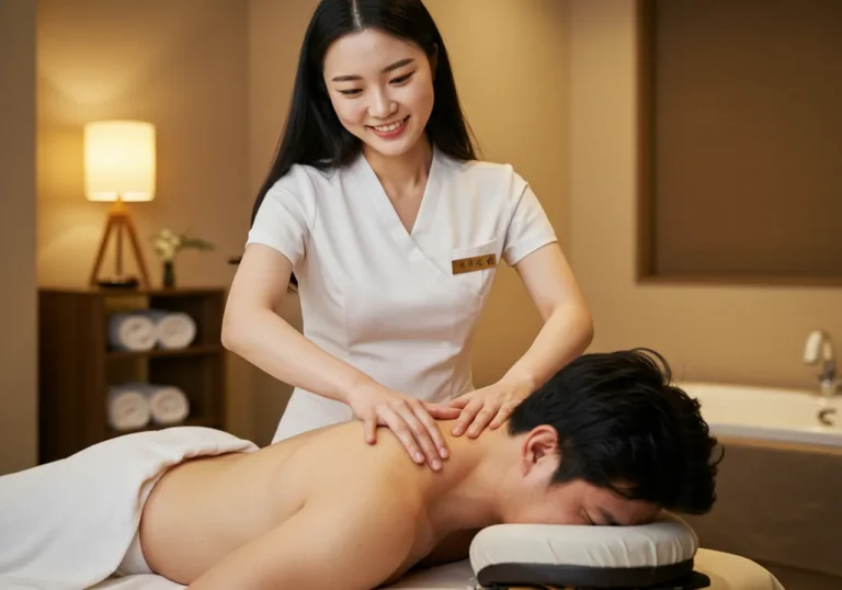 오산 타이마사지를 하고 있는 한국 마사지 관리사가 전문손기술로 혈점을 정확히 누르는 장면