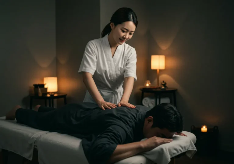 오이도 출장안마 해안 관광지 전문 한국 여성 관리사가 바다 향기 속에서 최상급 힐링 마사지를 시연하는 전문적 장면