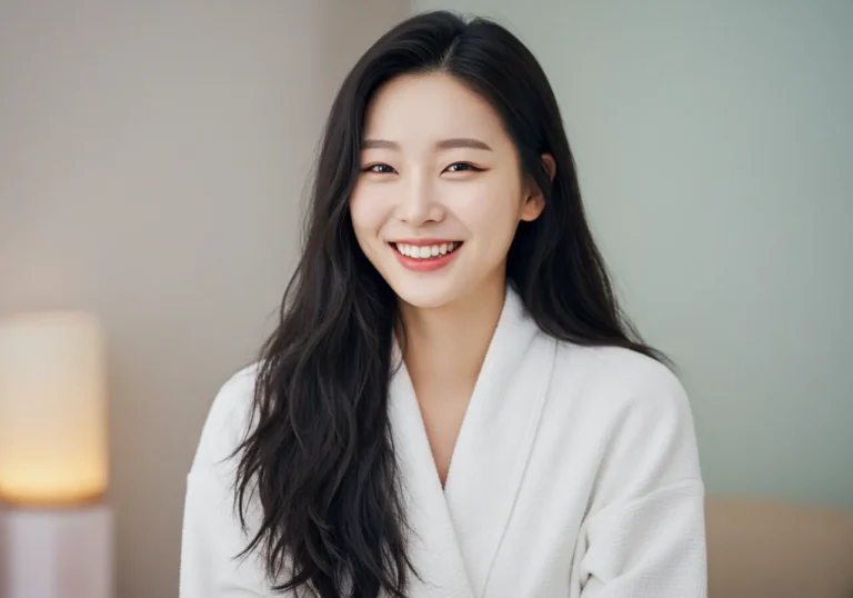 우만동 홈타이 모찌바디 서비스 이용 후 만족하는 한국 여성의 세련된 표정으로 우만역 신흥지역 젊은 고객들의 모던한 서비스 만족도를 보여주는 트렌디 이미지