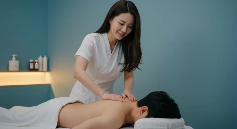 우정 타이마사지를 하고 있는 한국 마사지 관리사가 찜질팩과 온열기구 활용하는 장면