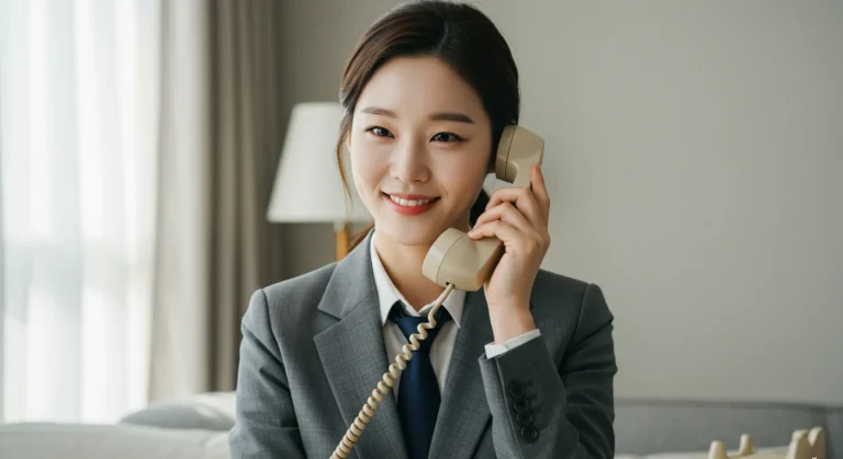 우정 출장마사지를 전화로 예약하는 한국 사람이 농협에서 통장정리하며 예약상담하는 모습