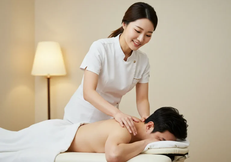 원동 타이마사지를 하고 있는 한국 마사지 관리사가 발과 종아리 집중케어하는 장면