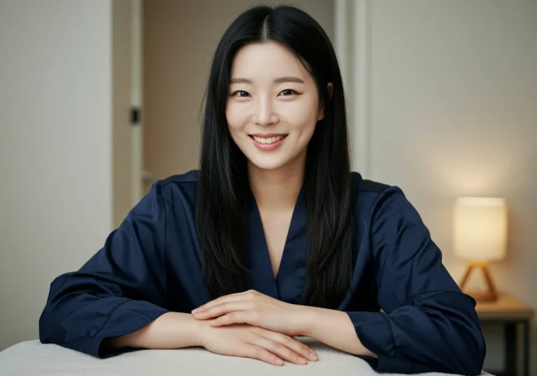 원천동 홈타이 모찌바디 서비스 이용 후 만족하는 한국 여성의 밝은 표정으로 아주대역 대학생들의 학업 스트레스 해소 효과를 보여주는 활력 이미지
