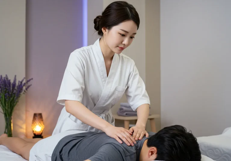 은계동 타이마사지를 하고 있는 한국 마사지 관리사가 홈트레이닝 후 스트레칭 도와주는 장면