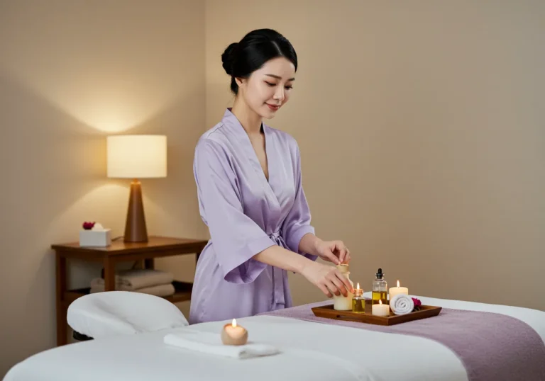 의정부 출장마사지를 제공하는 한국 마사지 관리사가 전문적 기술을 시연하는 현장 화면입니다.
