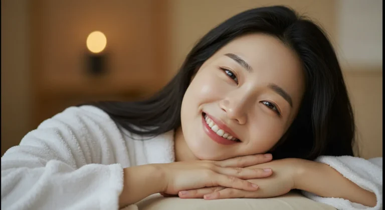 이천 출장마사지 이용 후 만족스러워하는 40대 한국 여성의 밝은 표정과 후기