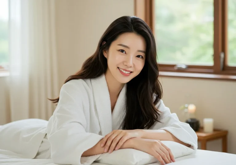 인계동 홈타이 모찌바디 서비스 이용 후 만족하는 한국 여성의 개운한 표정으로 인계역 직장인들의 업무 효율성 향상 효과를 보여주는 성과 이미지