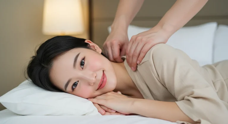 일산 출장마사지 이용 후 만족해하며 웃는 한국 여성 고객, 킨텍스 인근 생활권에서 홈타이 경험을 표현