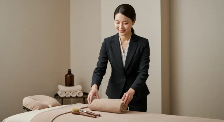 전문 관리사 방문 장면으로 일산동구 출장마사지 진행 단계와 위생 수칙을 시각화한 절차 안내 이미지.