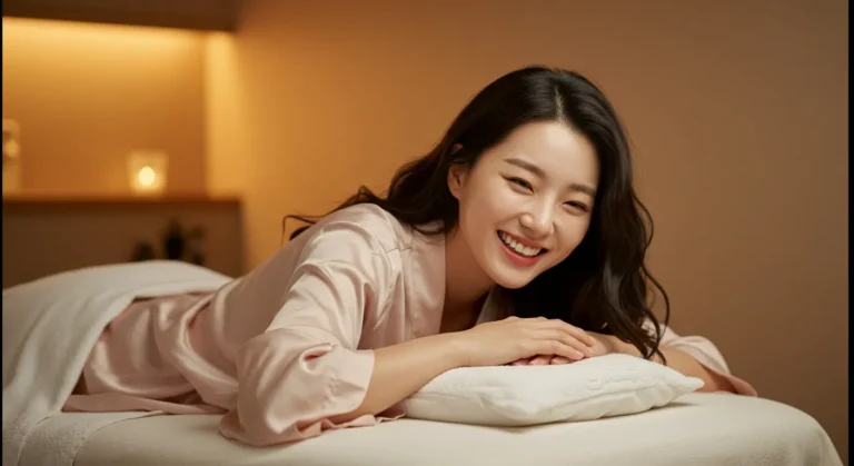 일직동 출장마사지 케어 후 활력을 되찾은 50대 한국 여성의 환한 미소와 만족도