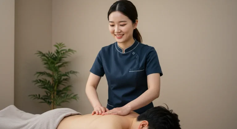 일직동 출장안마 전문 한국인 관리사가 주거단지 고객에게 세심한 마사지 서비스를 제공하는 장면
