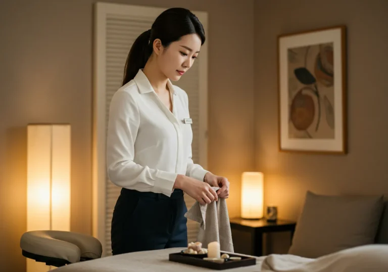 장안동 출장마사지 진행 썸네일로 표준 드레이핑과 위생 준비 과정을 강조합니다.