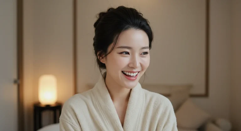 정남 홈타이 이용 후 만족하는 한국 여성이 도서관에서 공부에 집중하는 모습