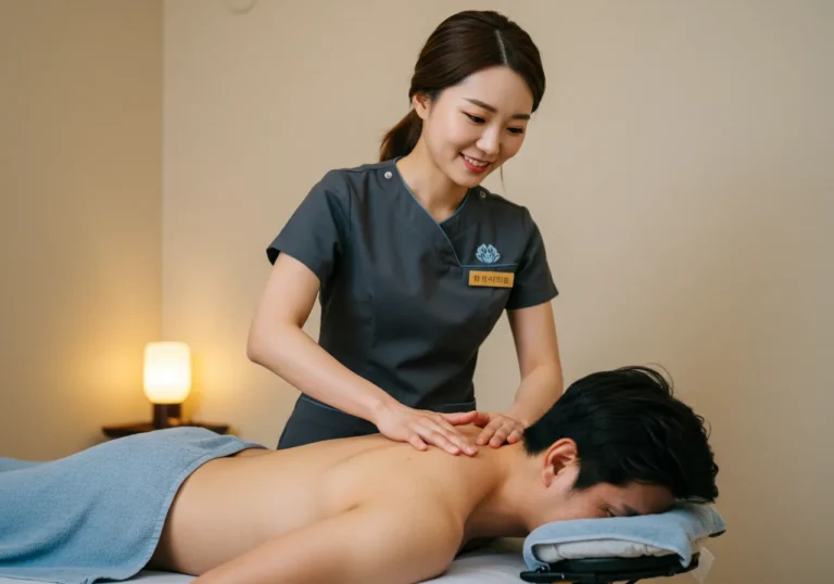 지동 출장안마 모찌바디 전통 기법 전문 한국 마사지 관리사가 친근하고 정성스러운 케어를 제공하는 모습으로 지동시장 일대 원도심 고객들을 위한 인정 넘치는 홈케어 서비스 장면