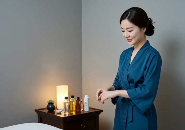 시연 사진으로 지행동 출장마사지를 제공하는 관리사가 위생 수칙과 진행 단계를 안내하는 현장 모습입니다.