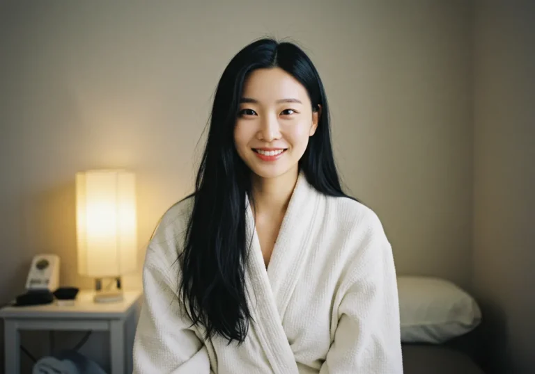 창동 출장마사지 이용 후 만족한 여성 고객 모습 — 조용한 실내 환경