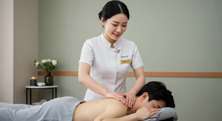 철산동 홈타이 전문 한국 관리사가 고객 맞춤 마사지를 정성껏 시행하는 장면