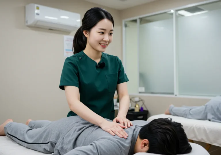 청학동 타이마사지를 하고 있는 한국 마사지 관리사가 목과 눈피로 집중관리하는 장면