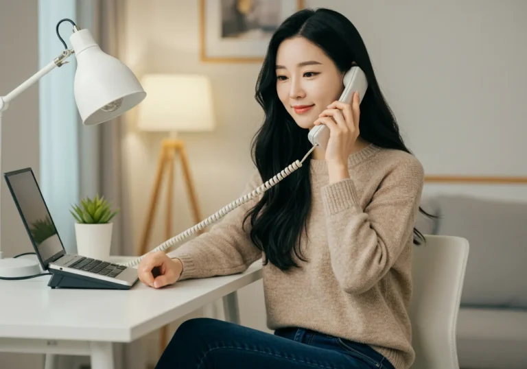 청학동 출장마사지를 전화로 예약하는 한국 사람이 캠퍼스 카페에서 과제하며 예약하는 모습