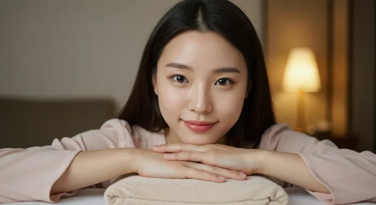 킨텍스 출장마사지 이용 후 만족해하는 고객, 전시 행사 후 지친 몸을 풀고 편안히 웃는 모습