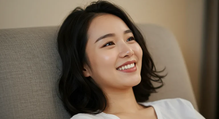 탄현동 출장마사지 이용 후 만족해하며 미소 짓는 한국 여성 고객, 생활권 내 홈타이 경험을 표현