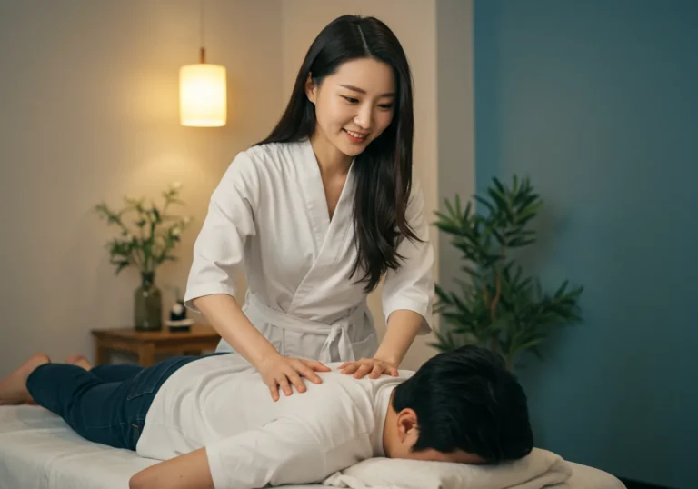 탑동 출장안마 모찌바디 베테랑 한국 마사지 관리사가 숙련된 기법으로 케어하는 모습으로 수원역 일대 중장년 고객들을 위한 안정감 있는 홈케어 서비스 장면