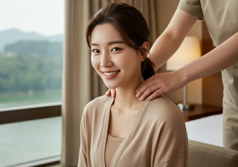 후기 사진: 토당동 출장마사지 이용 후 만족을 표현하는 한국인 고객의 편안한 표정을 담았습니다