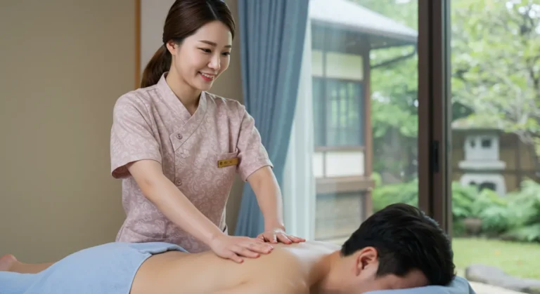 팔탄 타이마사지를 하고 있는 한국 마사지 관리사가 쑥뜸과 약초찜질 병행하는 장면