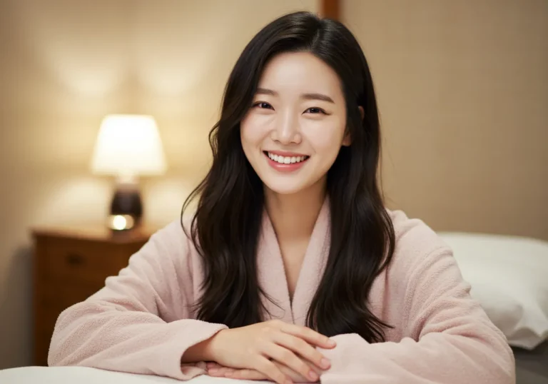 호매실동 홈타이 모찌바디 서비스 이용 후 만족하는 한국 여성의 밝은 표정으로 호매실역 육아맘들의 스트레스 해소 효과를 보여주는 힐링 이미지