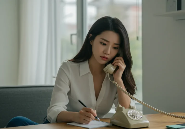 호매실동 타이마사지 모찌바디 육아맘 전용 예약 시스템으로 전화로 예약하는 한국 사람의 편리한 예약 과정으로 호매실역 주부고객들을 위한 맞춤형 시간 조정 서비스 이용 모습
