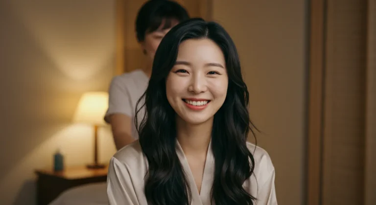 화산동 홈타이 이용 후 만족하는 한국 여성이 병점역 카페거리에서 친구들과 브런치하는 모습