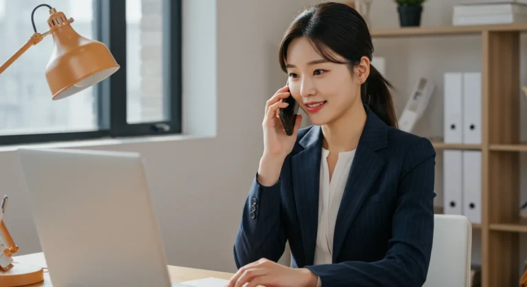 화성 출장마사지를 전화로 예약하는 한국 사람이 24시간 콜센터와 실시간 상담중인 모습