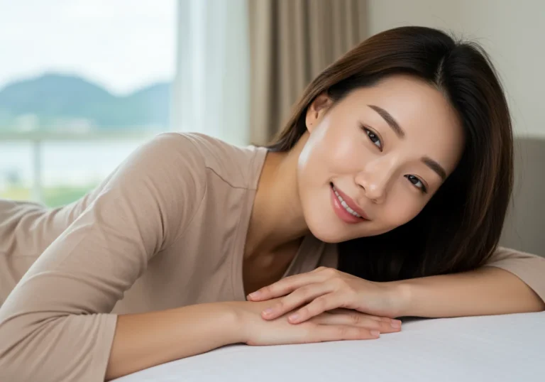 후기 사진: 화정동 출장마사지 이용 후 만족을 표현하는 한국인 고객 이미지를 담았습니다
