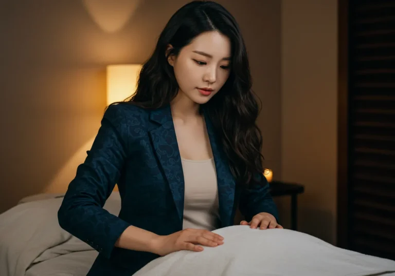 회기동 출장마사지 진행 장면을 보여주는 사진으로 표준 드레이핑과 위생 절차를 표시합니다.
