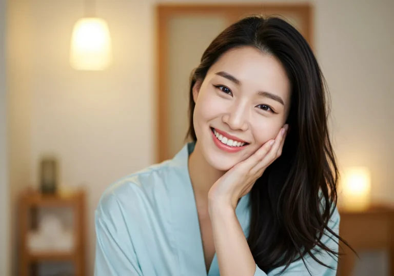계동 출장안마 경험 후 한복 차림으로 전통차를 음미하는 60대 한국 여성이 고즈넉한 분위기에서 심신의 안정을 되찾은 모습