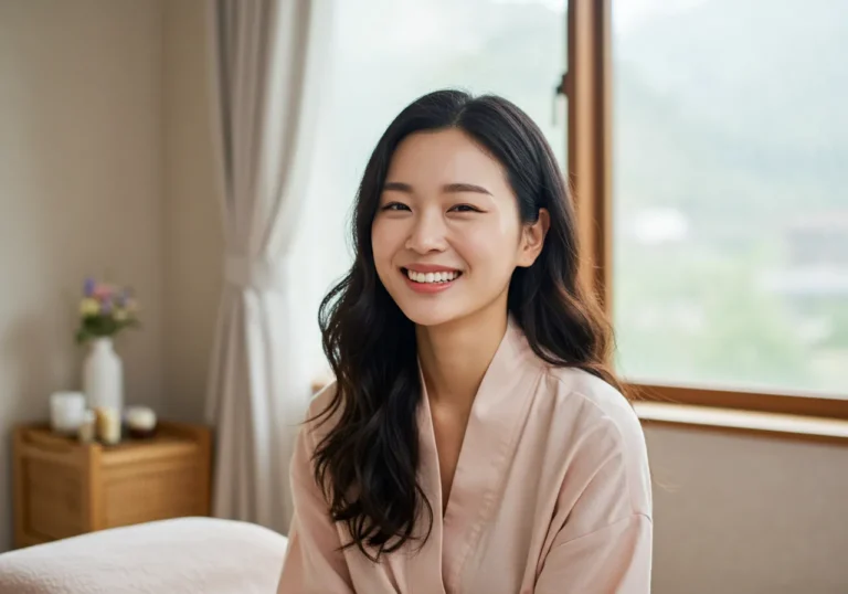 계수동 출장안마 체험 후 수영장이 보이는 거실에서 시원한 음료와 함께 휴식하는 40대 한국 여성의 상쾌한 표정