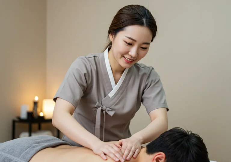 고강동타이마사지 국제 항공 의학 전문 한국 여성 테라피스트가 최첨단 장비로 고객의 순환계와 림프계를 케어하는 항공 의학 기반 시술